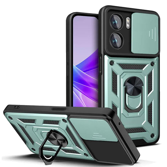 Funda Resistente CCSmall para Oppo A77 5G con Ventana Deslizante para Cámara, Protección Pesada, Funda con Soporte de Anillo para Oppo A77 SJ Verde